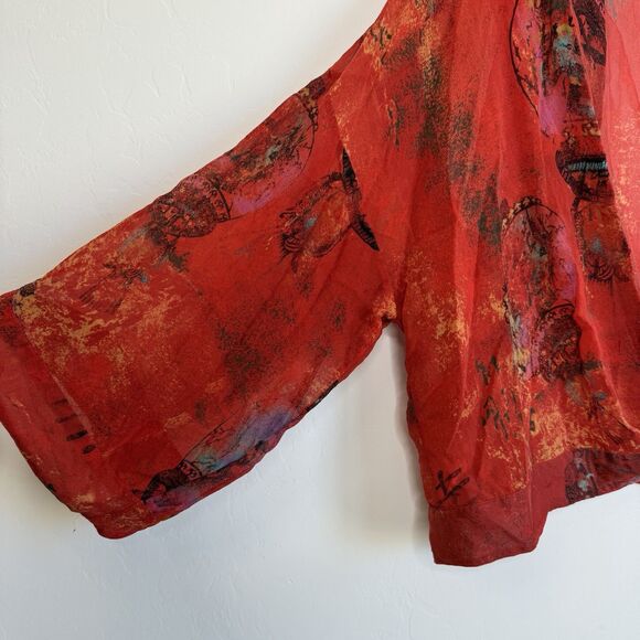 Chicos Womens Sz 1 M/8 Red Silk Asian Lantern Kimono Open Tie Front Blouse Top - Picture 2 of 12